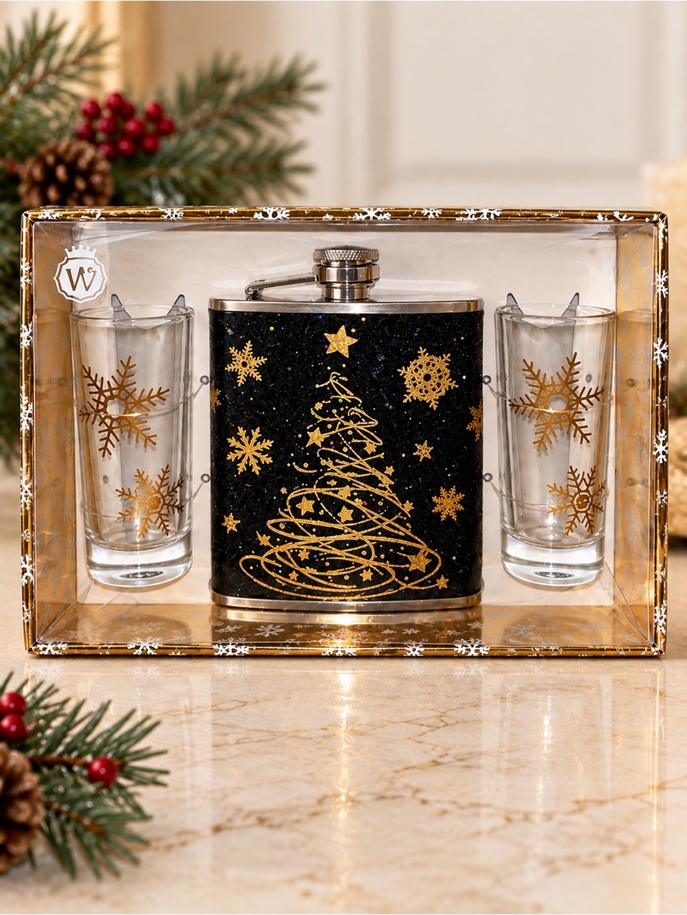 Christmas Hip Flask Gift Set 7oz  2 Shot Glasses Black & Gold Sparkle Boxed NWT